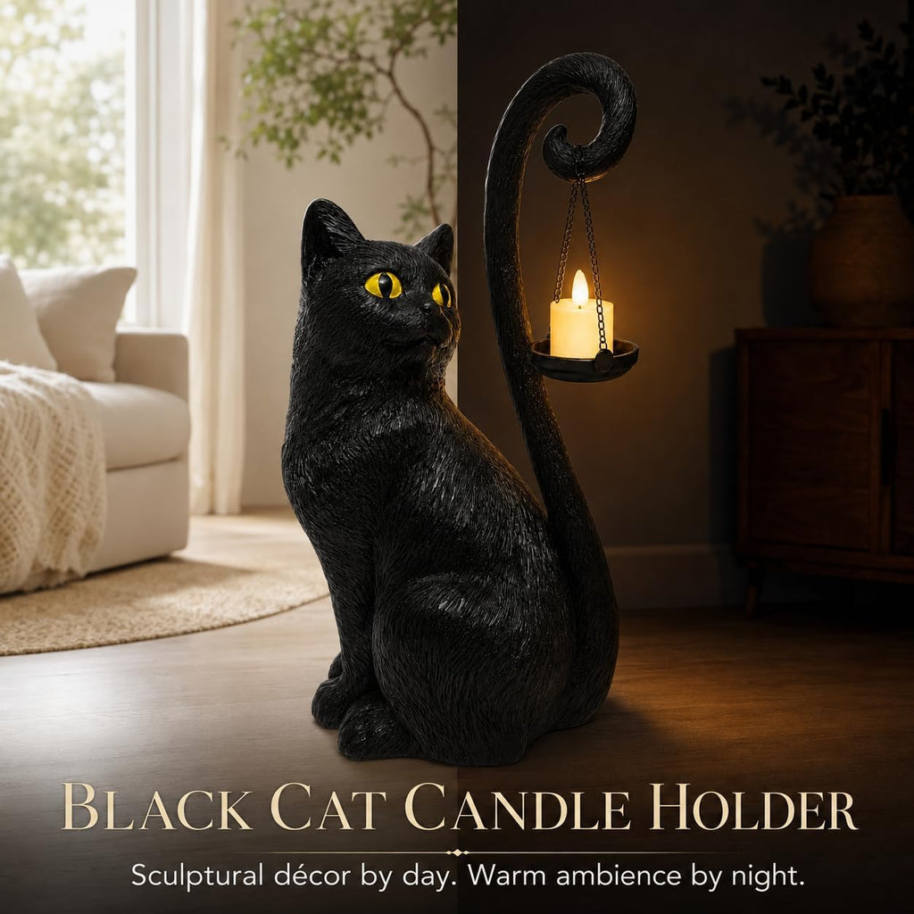Black Gothic Cat Candle Holder Statue