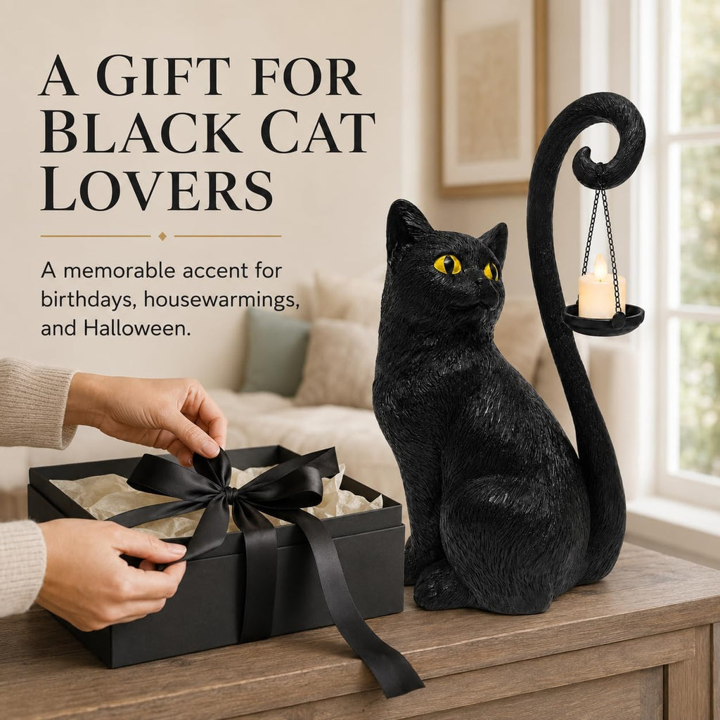 Black Gothic Cat Candle Holder Statue
