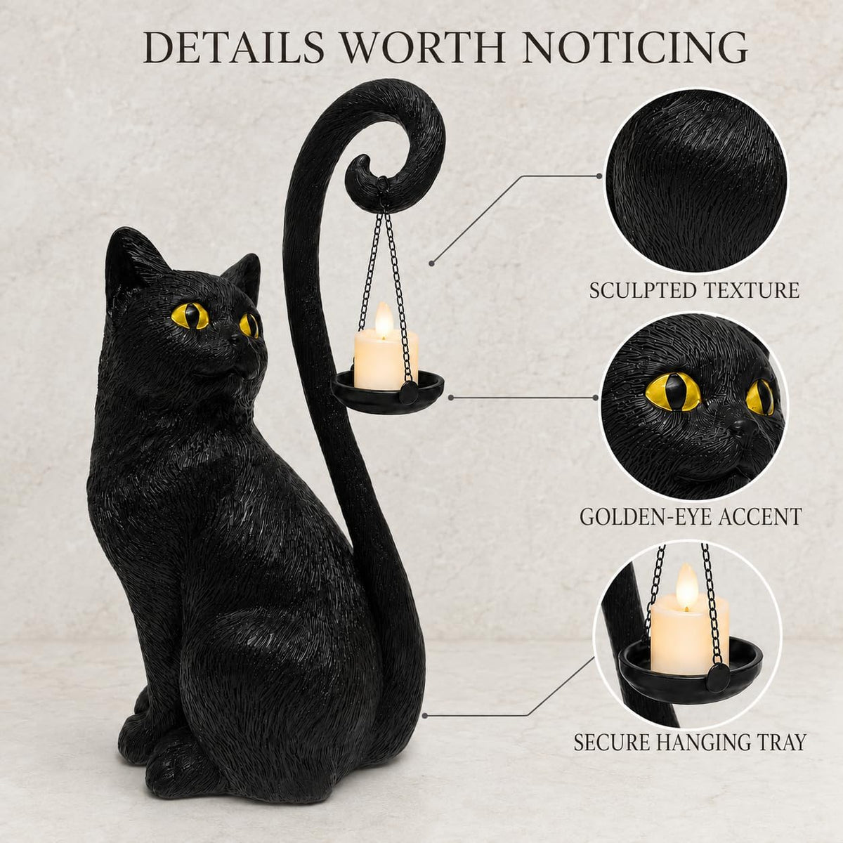 Black Gothic Cat Candle Holder Statue