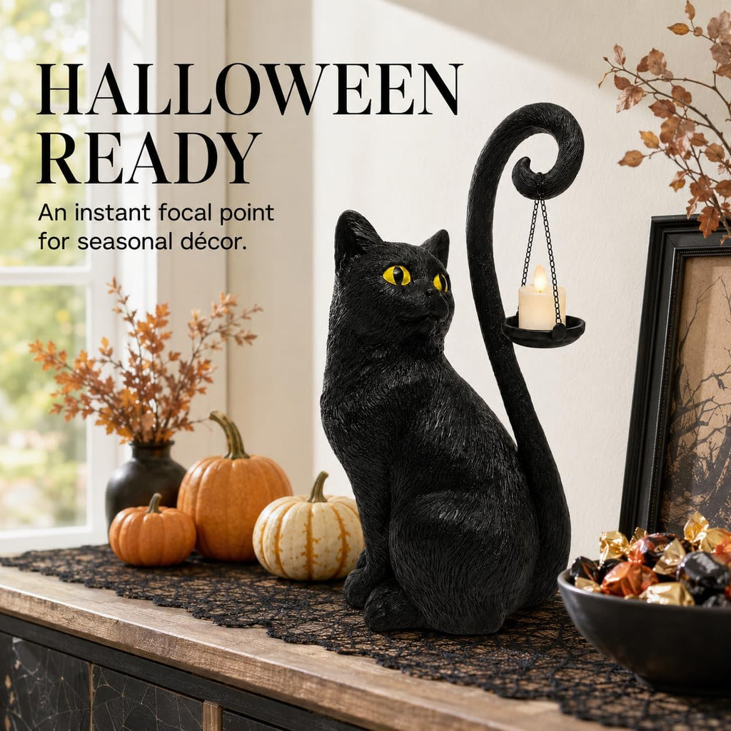 Black Gothic Cat Candle Holder Statue