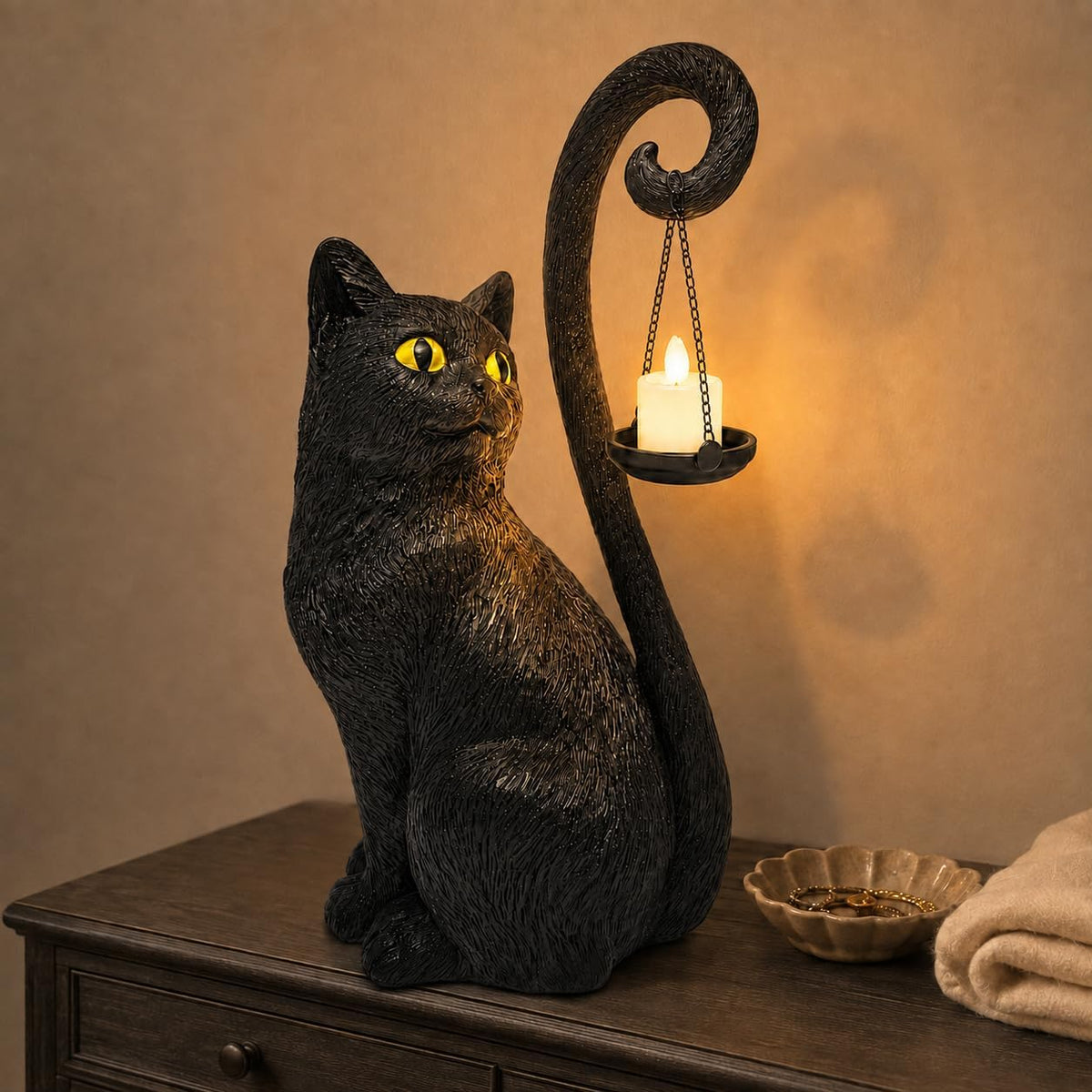 Black Gothic Cat Candle Holder Statue